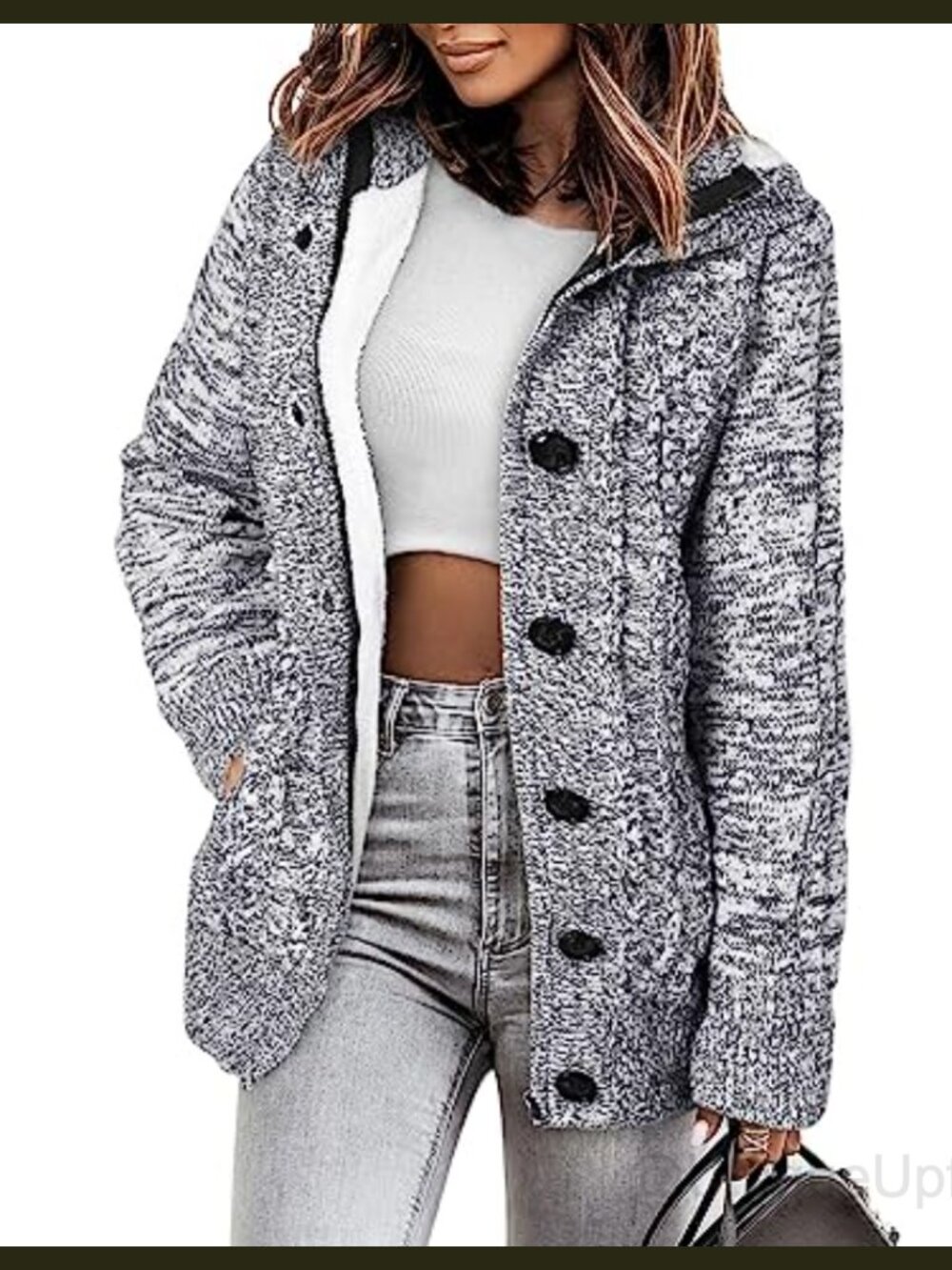 Hooded Fleece Lined Cardigan Sweater Full Zip Button Knit